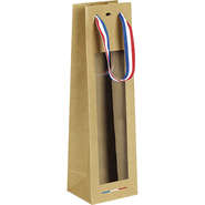 Kraft paper bag for 1 wine bottle with blue/white/red ribbon handle : 