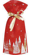 Non-woven pouch/ bag decorated with fir trees and gold satin ribbon : Celebrations