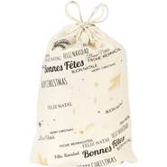 Festive natural cotton gift pouch with multi-lingual seasons greetings in grey/gold  : Bags