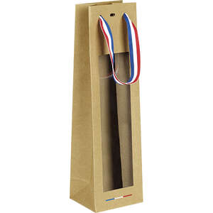 Product image Kraft paper bag for 1 wine bottle with blue/white/red ribbon handle