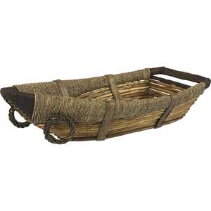 Product image Boat-shaped basket made of dyed wicker, rope and wood.