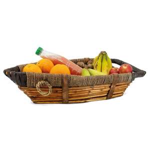 Product image Boat-shaped basket made of dyed wicker, rope and wood.