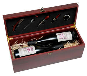 Product image Economical wooden oenology gift box for 2 bottles, 5 accessories