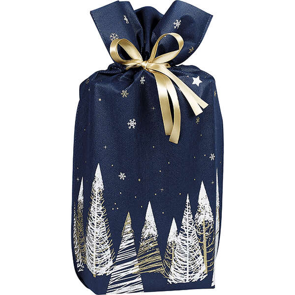 Product image Non-woven polypropylene bag, blue/white/gold with fir tree decor