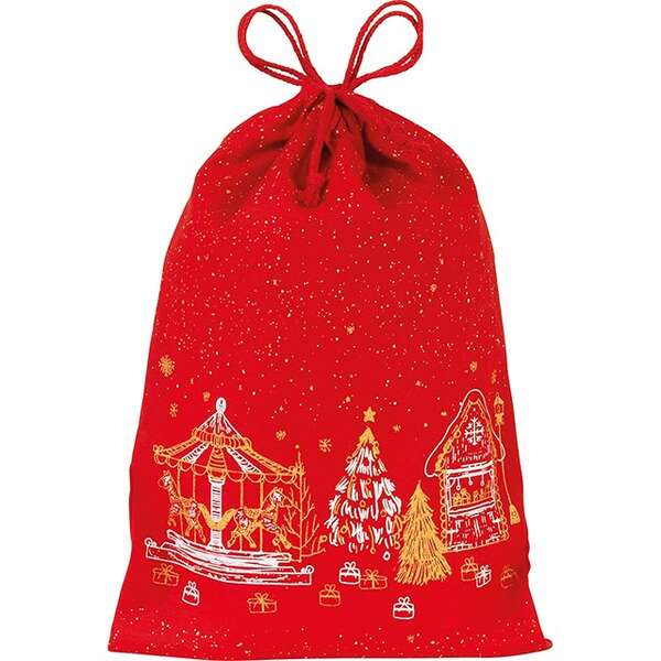 Product image Festive red cotton gift pouch featuring chalets design