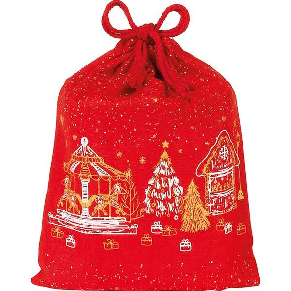 Product image Festive red cotton gift pouch featuring chalets design