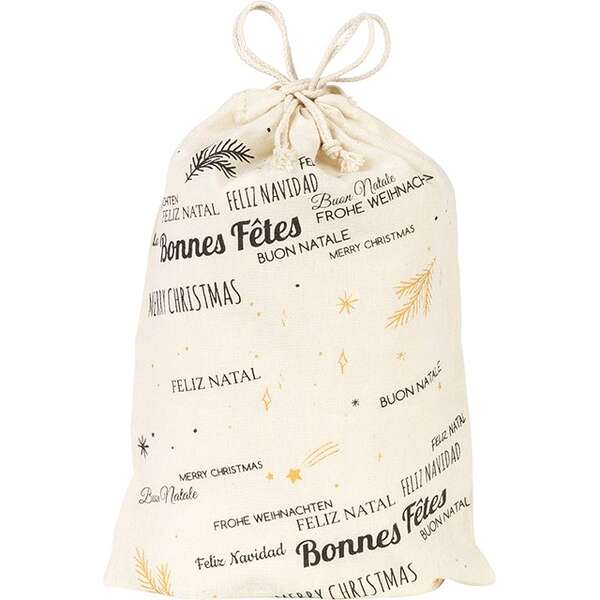 Product image Festive natural cotton gift pouch with multi-lingual seasons greetings in grey/gold