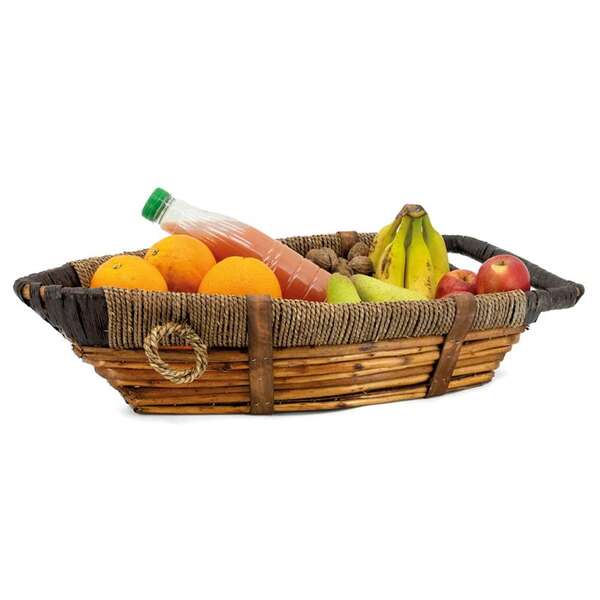Product image Boat-shaped basket made of dyed wicker, rope and wood.