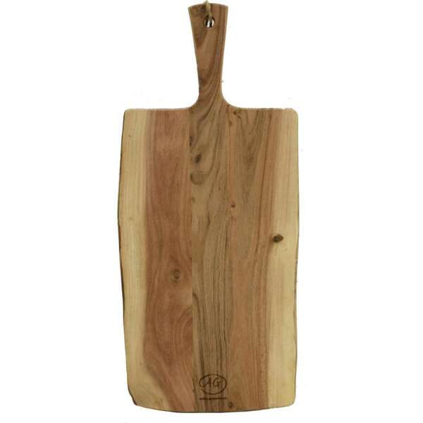 Product image Natural acacia cutting board with handle and cord.