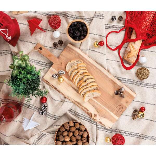 Product image Natural acacia cutting board with handle and cord.