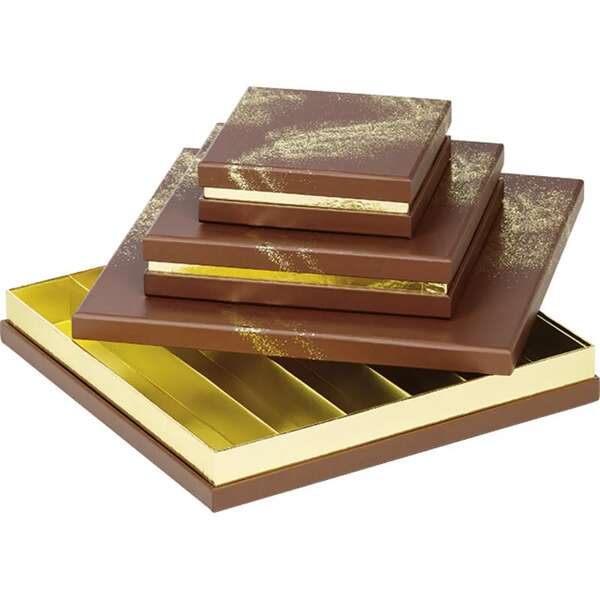 Product image Square cardboard box of chocolates, 3, 4, or 6 rows, POUDRE D'OR brown