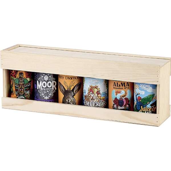 Product image Pine wood crate for 6 x 33cl cans with sliding mechanism