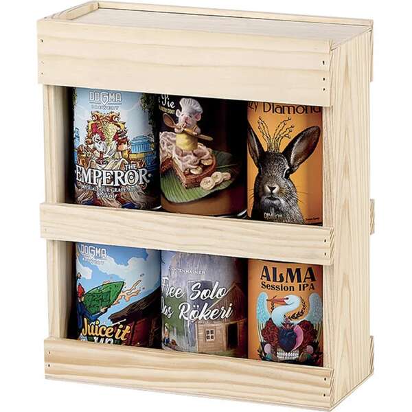Product image Pine wood crate for 6 x 33cl cans with sliding mechanism