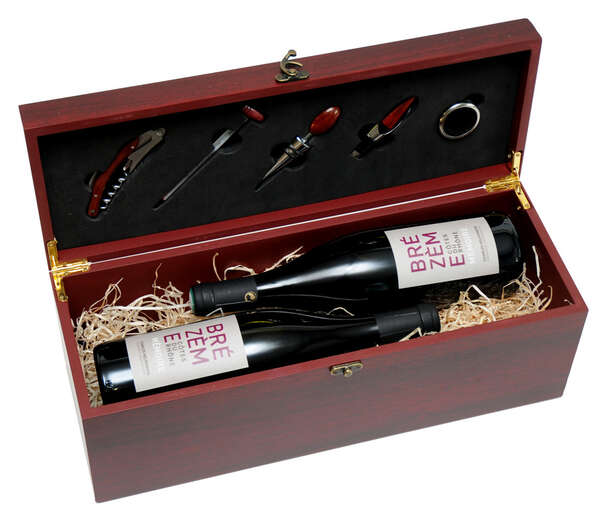 Product image Economical wooden oenology gift box for 2 bottles, 5 accessories