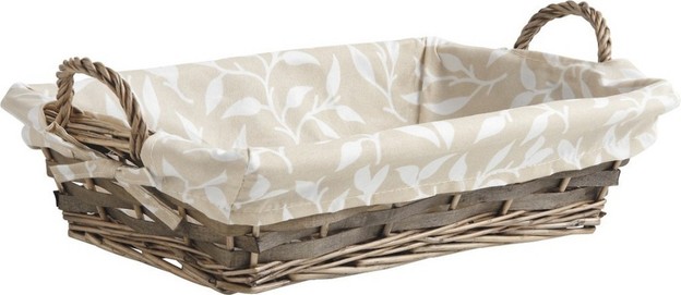 Wicker and wood basket 33x23x9 cm cotton lined : Trays, baskets