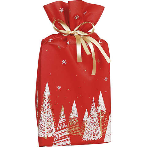 Non-woven polypropylene bag, red/white/gold with fir tree decor : Bags