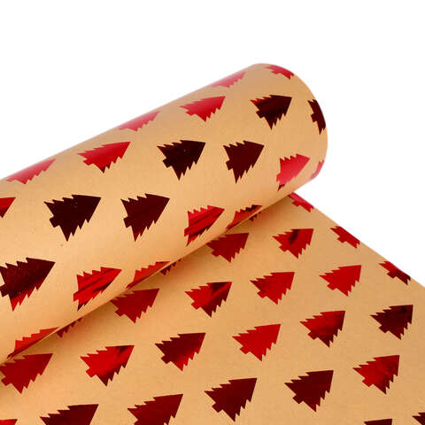 Brown kraft paper gift wrap with red fir tree decor  : Packaging accessories
