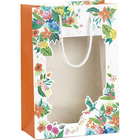 Sacs papier fleurs & colibri  cotés orange avec fenêtre  : Bags