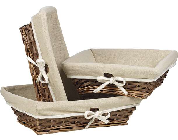 Square wicker/wooden basket, brown with beige fabric : Trays, baskets