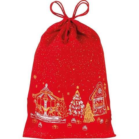 Festive red cotton gift pouch featuring chalets design  : Bags