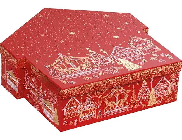 Coffret carton forme chalet rouge décor bonnes fêtes  : Boxes