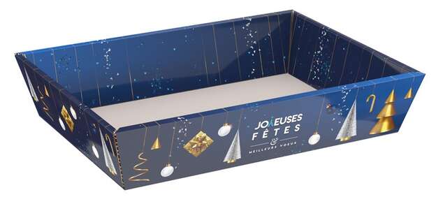 "Joyeuse Ftes" cardboard display tray with fir tree decor, blue/white/gold : Trays, baskets